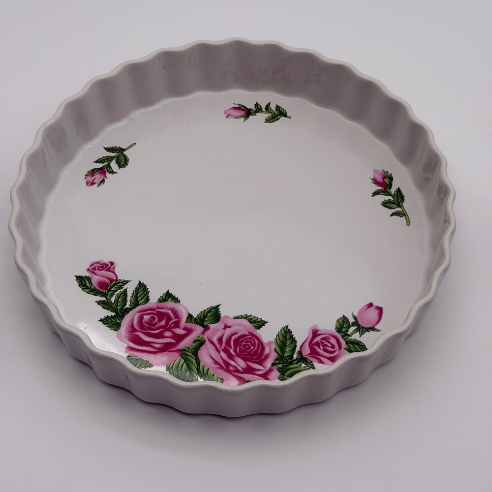 Christineholm Porcelain Quiche Tart Dish Pink Rose Fluted Round White‎ Bakeware